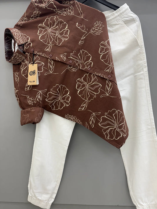 Stylish Men’s Brown Flower Printed Linen Shirt Paired with White Linen Pant for Daily Wear
