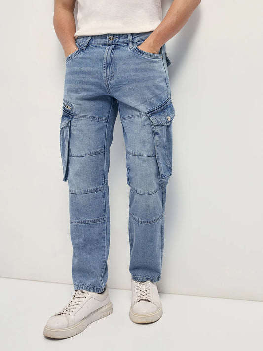 Comfortable Men’s Light Blue Straight Fit Cargo Jeans Everyday Wear