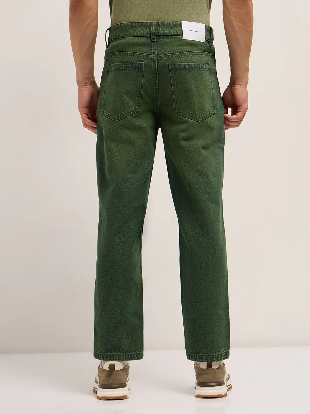 Modern Green Straight Fit Jeans for Men Mid-Rise Heavy Washed Look