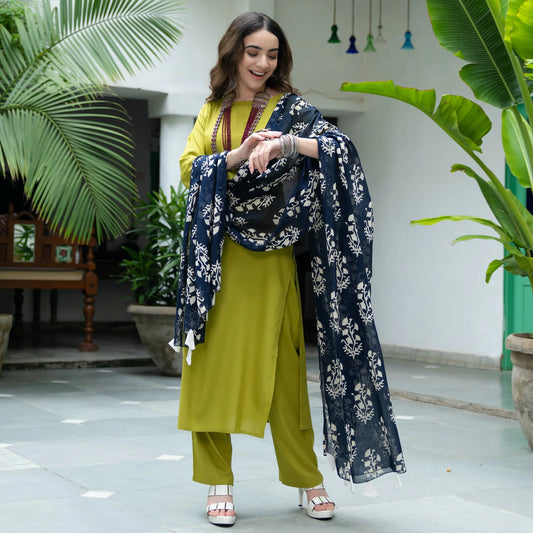 Olive Green Women’s Salwar Kurta Set with Indigo Dupatta Stylish Comfortable and Ideal for Traditional Occasions