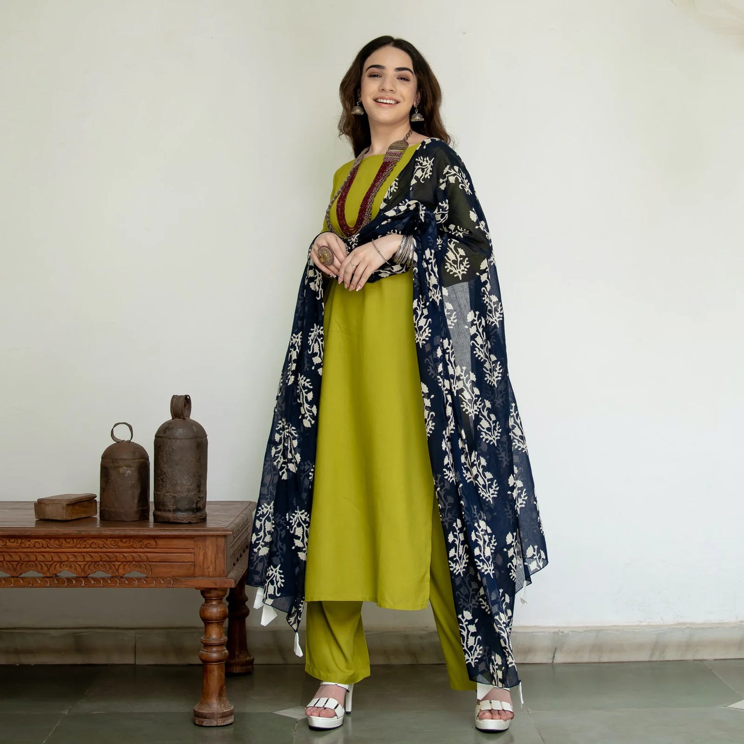 Olive Green Women’s Salwar Kurta Set with Indigo Dupatta Stylish Comfortable and Ideal for Traditional Occasions