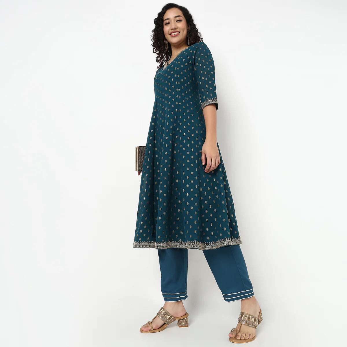 Elegant Foil Print V Neck Flared Kurta Perfect for Festive Occasions and Party Wear