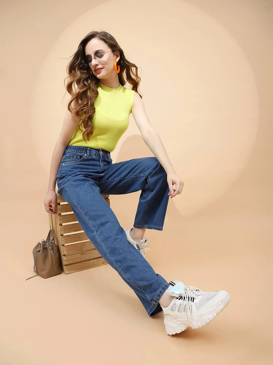 Women’s Classic Blue Cotton Blend Relaxed Jeans Comfortable and Ideal for Daily Wear