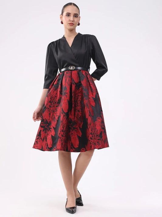 Modern Satin Fit and Flare Dress in Black and Red Combination for Parties
