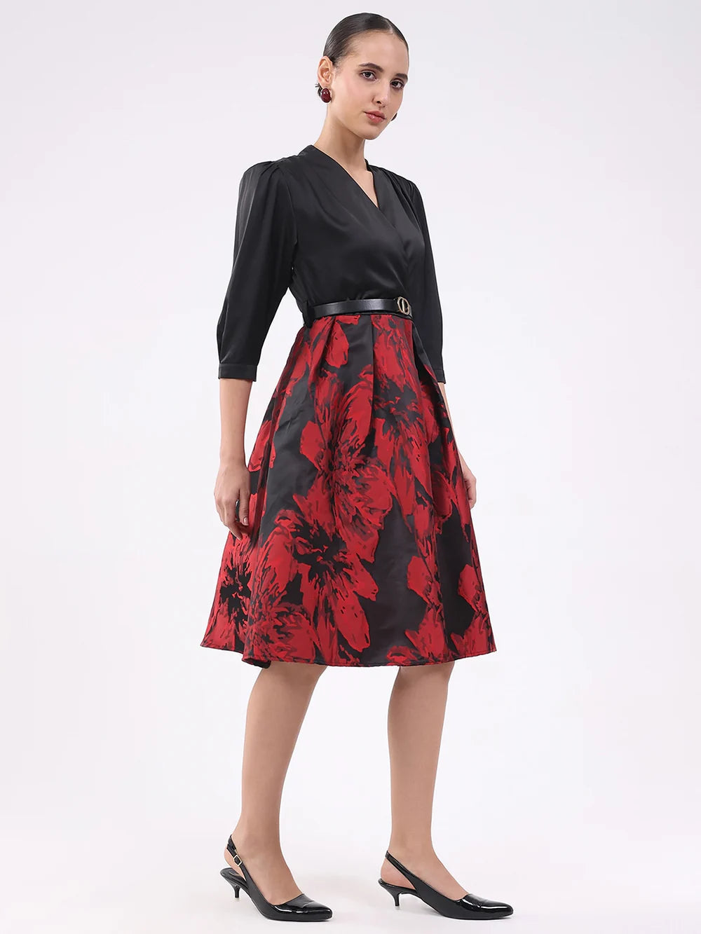Modern Satin Fit and Flare Dress in Black and Red Combination for Parties
