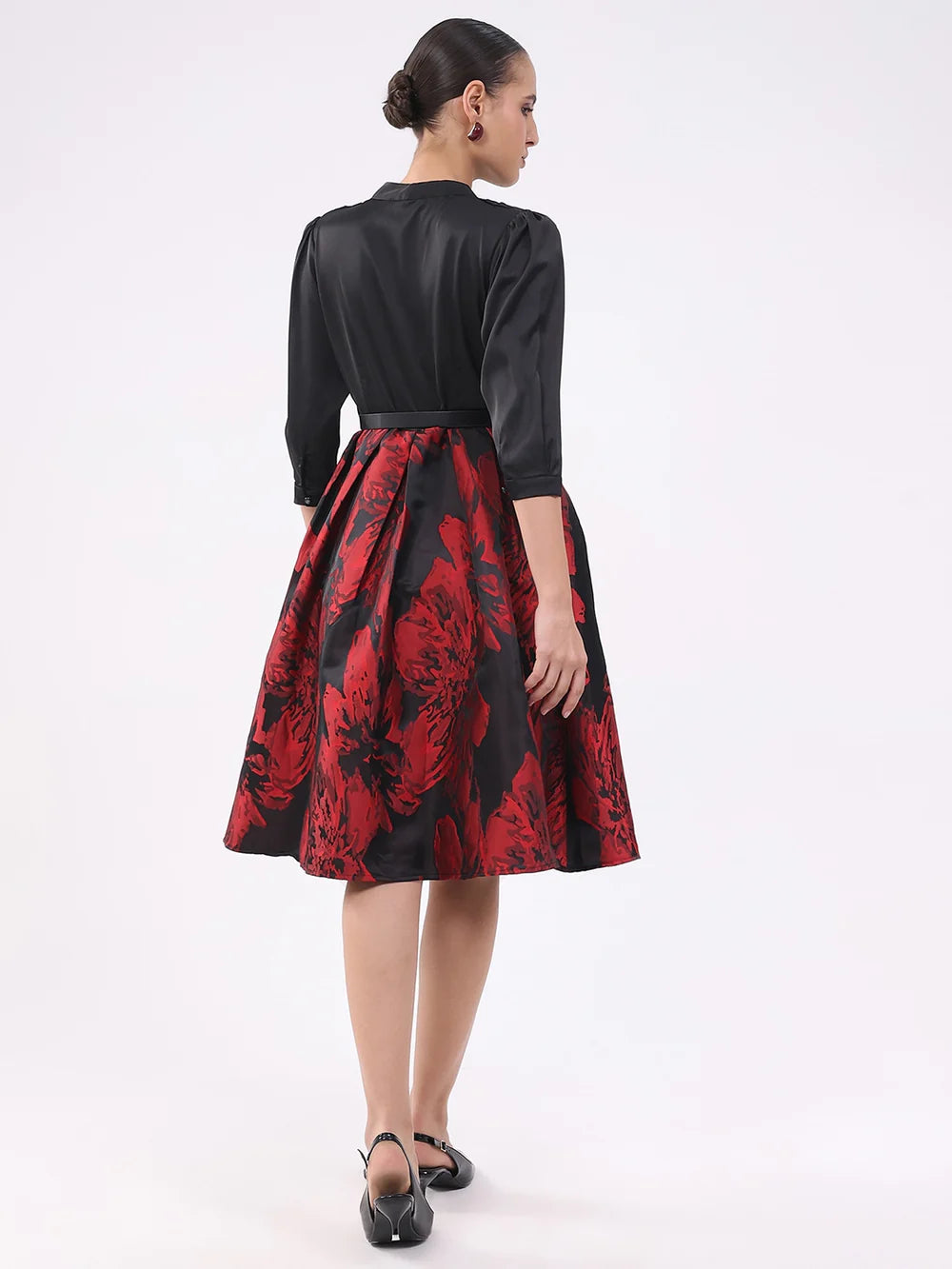 Modern Satin Fit and Flare Dress in Black and Red Combination for Parties