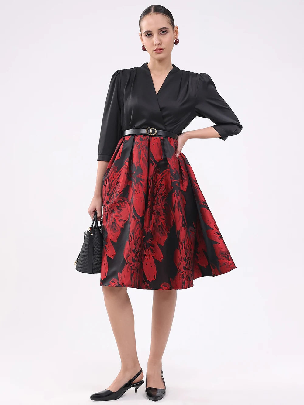 Modern Satin Fit and Flare Dress in Black and Red Combination for Parties