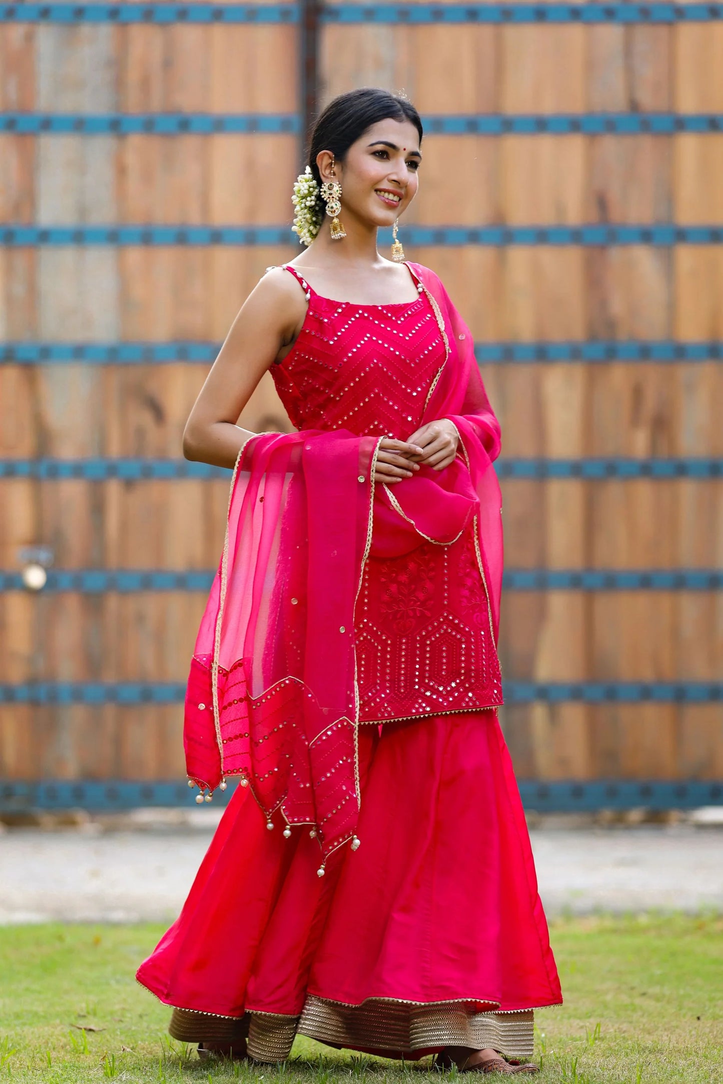 Trendy Rani Sharara Set with Mirror Work Elegant and Comfortable for Party Wear