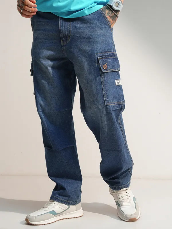 Men’s Casual Baggy Fit Stretchable Blue Cargo Jeans for Daily Wear