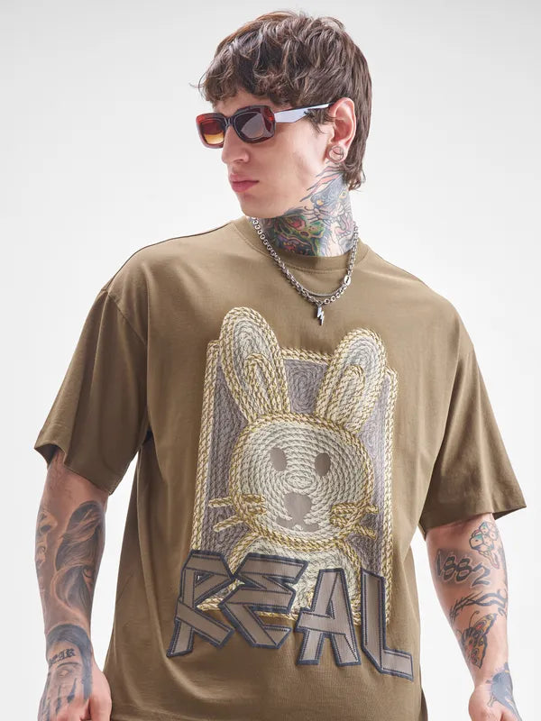 Loose Fit Khaki T-Shirt for Men Round Neck Comfortable Fit