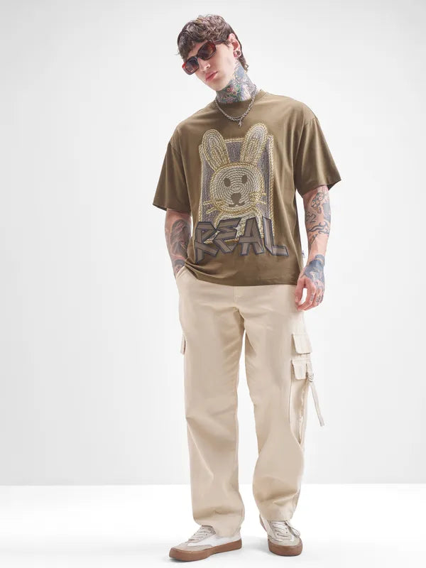 Loose Fit Khaki T-Shirt for Men Round Neck Comfortable Fit