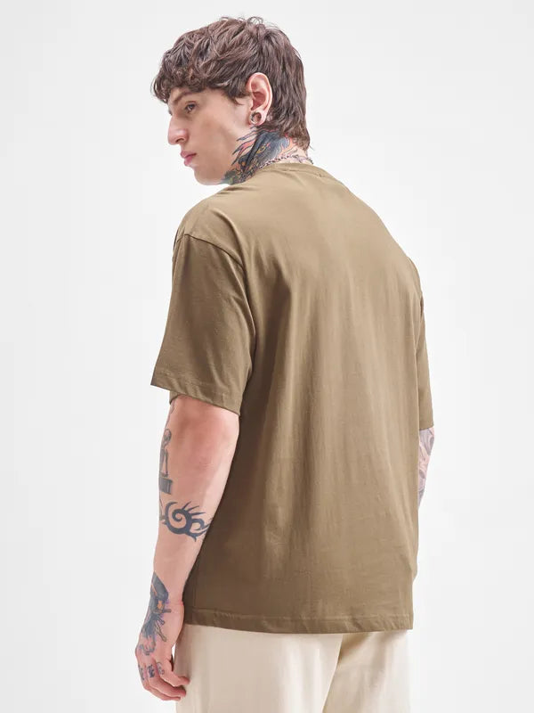 Loose Fit Khaki T-Shirt for Men Round Neck Comfortable Fit