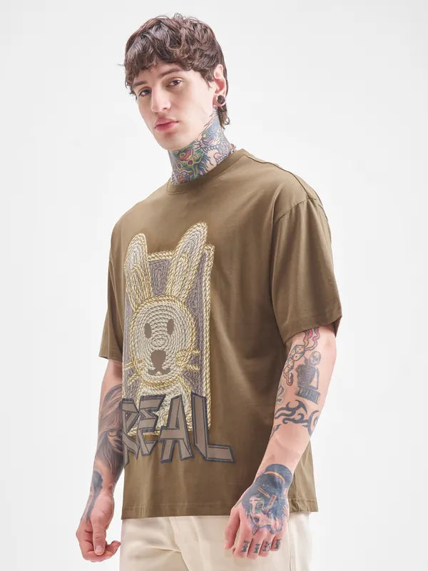 Loose Fit Khaki T-Shirt for Men Round Neck Comfortable Fit