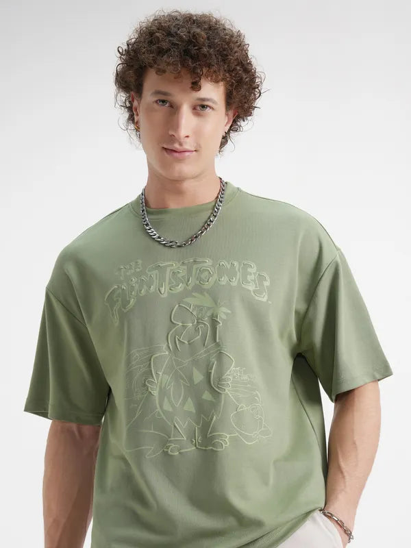Trendy Olive Oversize Cotton T-Shirt for Men Featuring The Flintstones Print