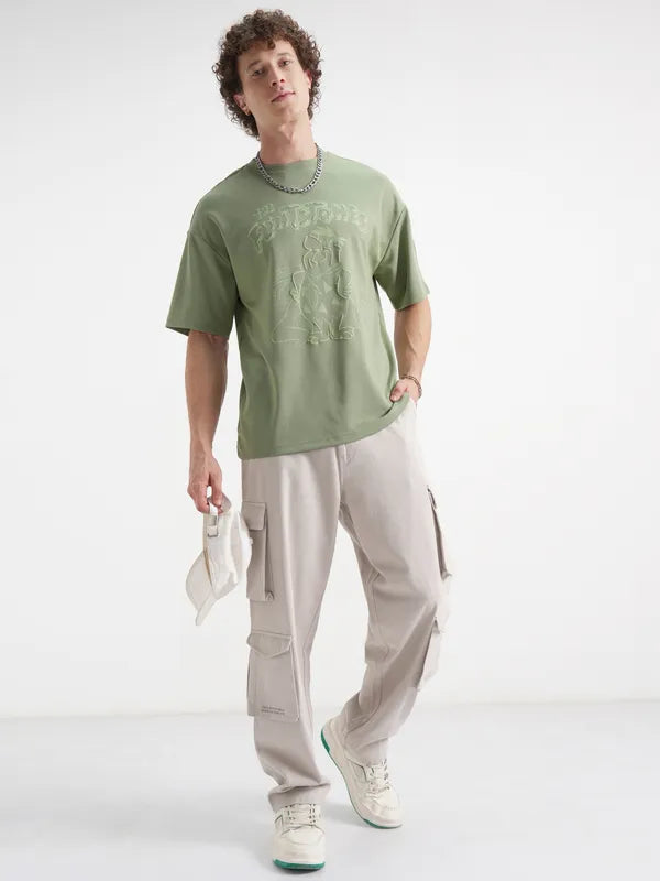 Trendy Olive Oversize Cotton T-Shirt for Men Featuring The Flintstones Print