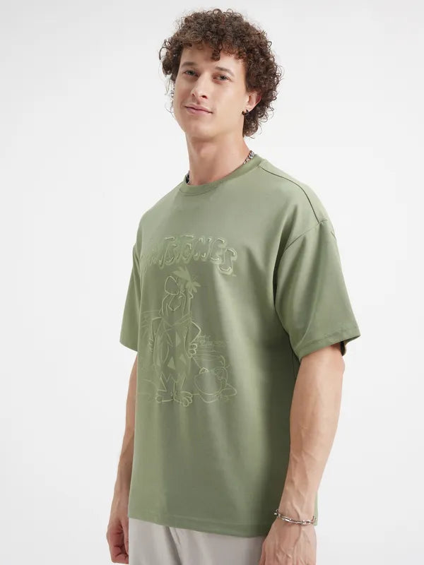 Trendy Olive Oversize Cotton T-Shirt for Men Featuring The Flintstones Print