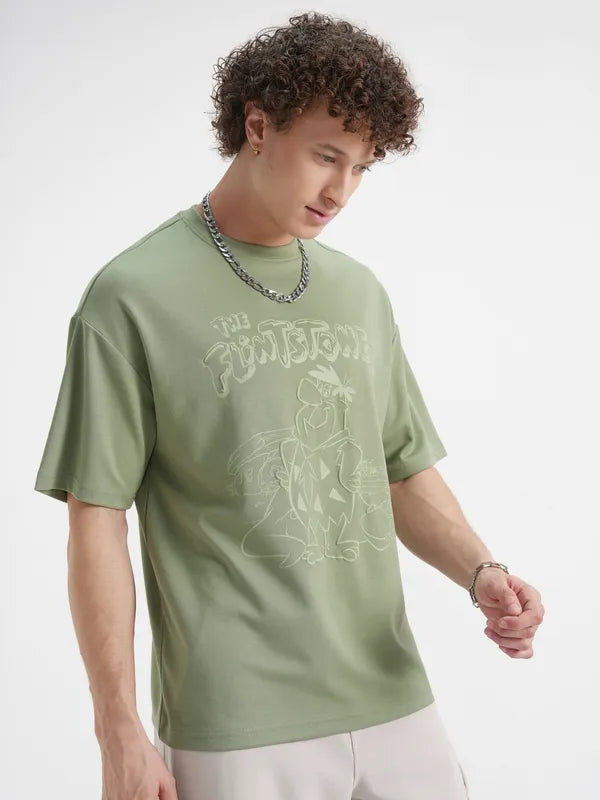 Trendy Olive Oversize Cotton T-Shirt for Men Featuring The Flintstones Print