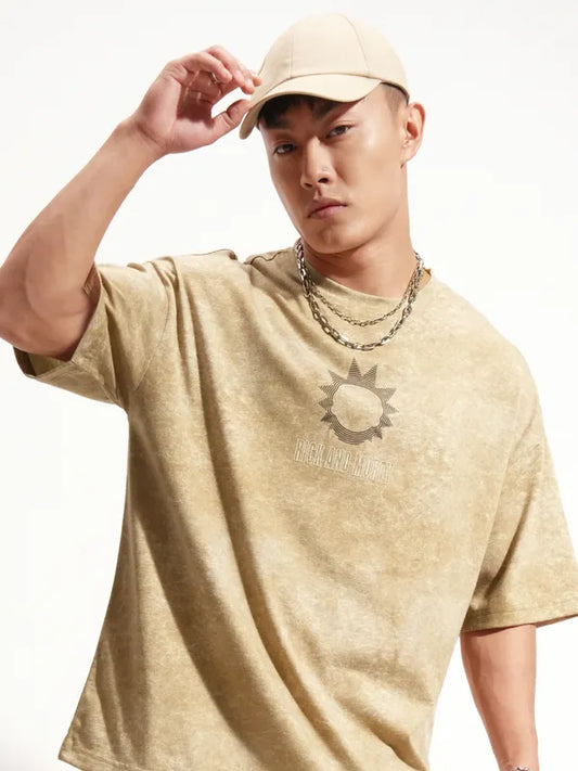 Men’s Khaki Oversized T-Shirt with Rick and Morty Graphic Print and Round Neck