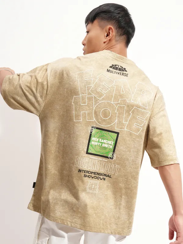 Men’s Khaki Oversized T-Shirt with Rick and Morty Graphic Print and Round Neck