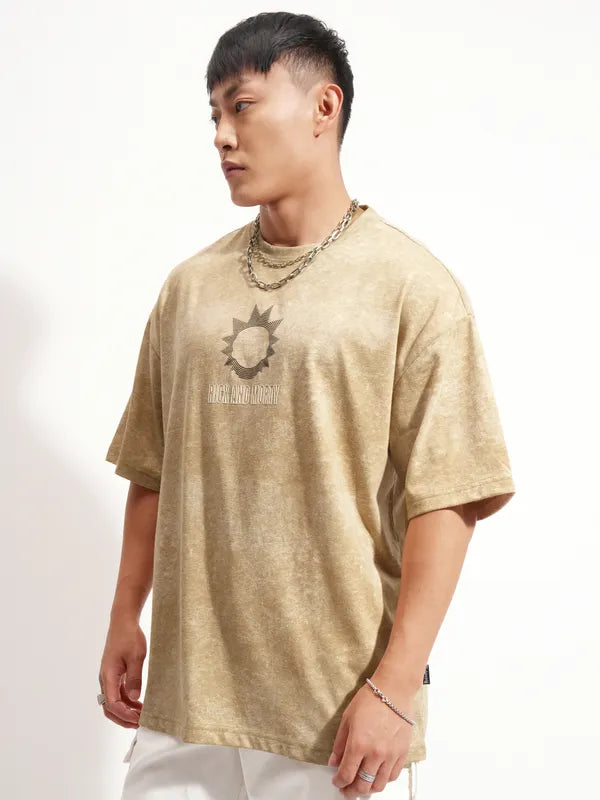 Men’s Khaki Oversized T-Shirt with Rick and Morty Graphic Print and Round Neck