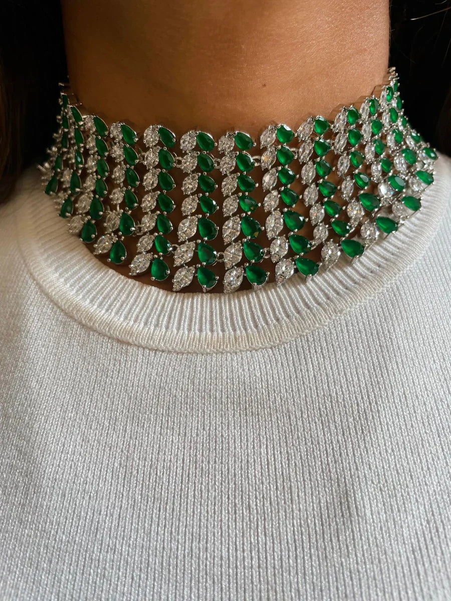 Elegant Emerald Drop Necklace Set with Heart Shaped Diamond Accents