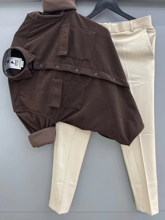 Soft Corduroy Shirt and Trouser Set for Men Double Pocket Look