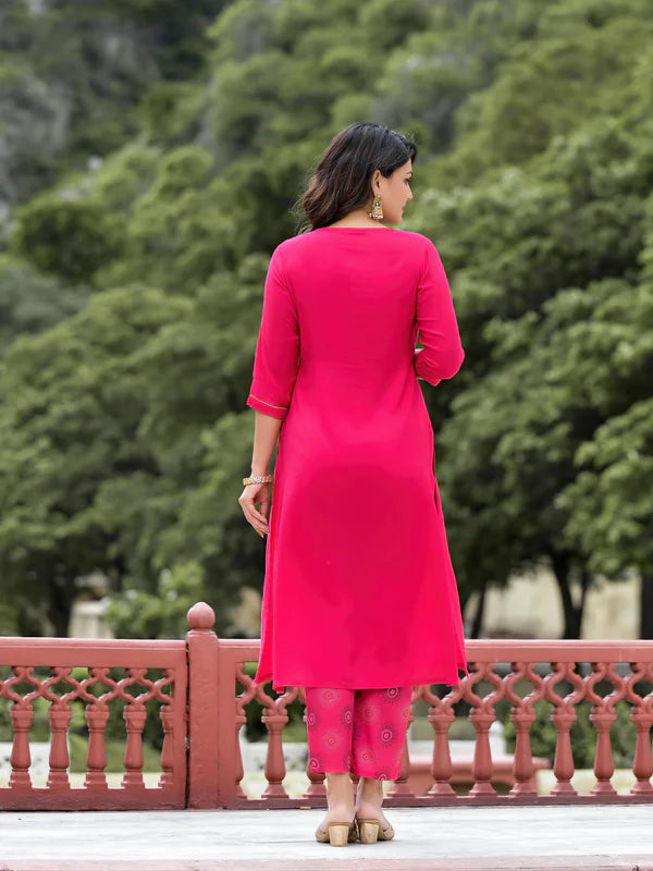 Fuchsia Viscose Designer Kurta Set with Dupatta and Mirror Work Detailing