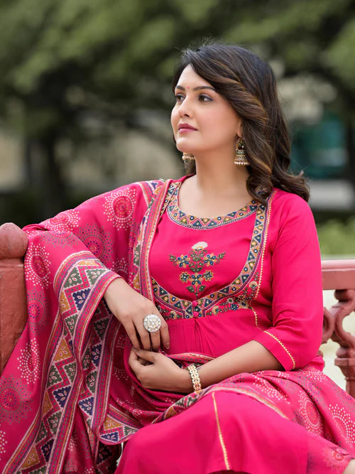 Fuchsia Viscose Designer Kurta Set with Dupatta and Mirror Work Detailing