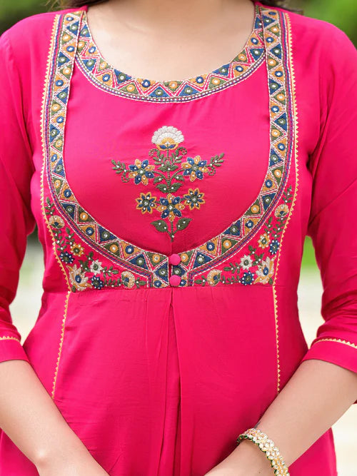 Fuchsia Viscose Designer Kurta Set with Dupatta and Mirror Work Detailing