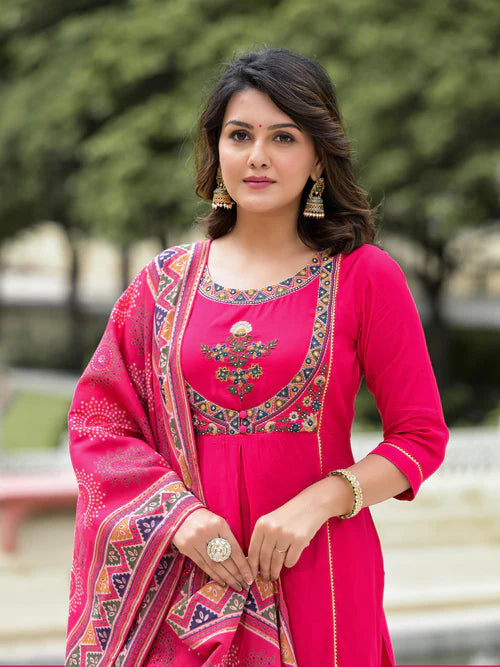 Fuchsia Viscose Designer Kurta Set with Dupatta and Mirror Work Detailing
