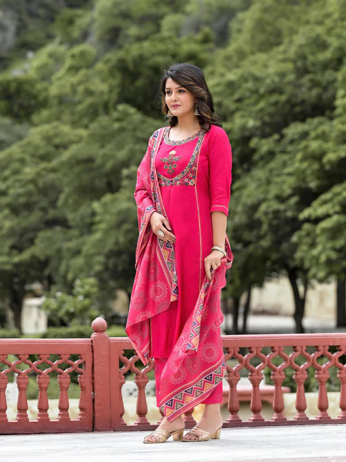 Fuchsia Viscose Designer Kurta Set with Dupatta and Mirror Work Detailing