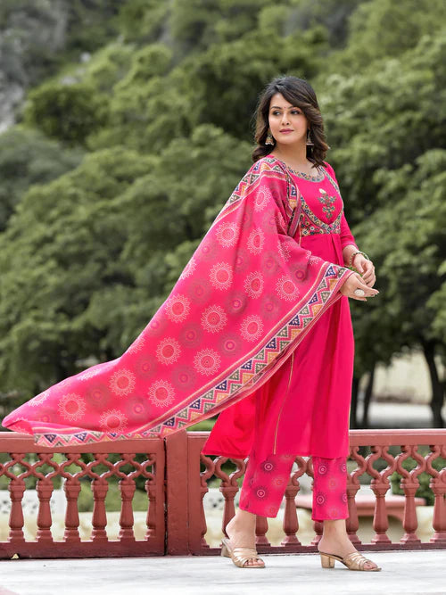 Fuchsia Viscose Designer Kurta Set with Dupatta and Mirror Work Detailing