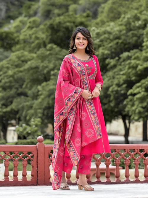 Fuchsia Viscose Designer Kurta Set with Dupatta and Mirror Work Detailing