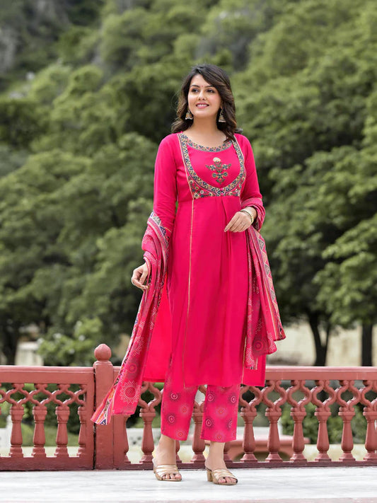 Fuchsia Viscose Designer Kurta Set with Dupatta and Mirror Work Detailing