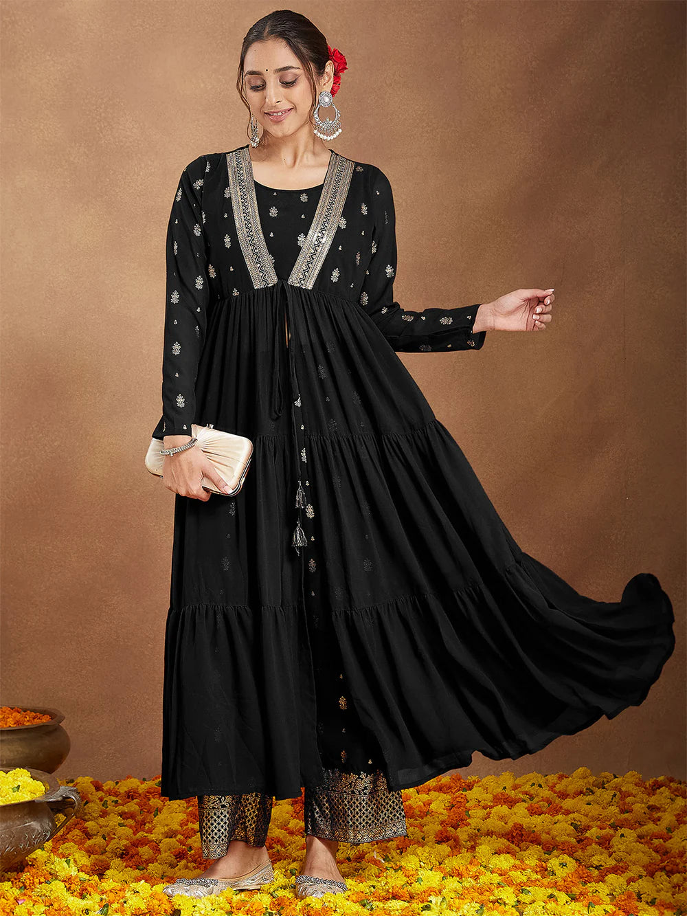 Stylish Black Georgette Women’s Kurta Pant Set Foil Printed Embellished Front Open Tiered Design Perfect for Holiday Celebrations