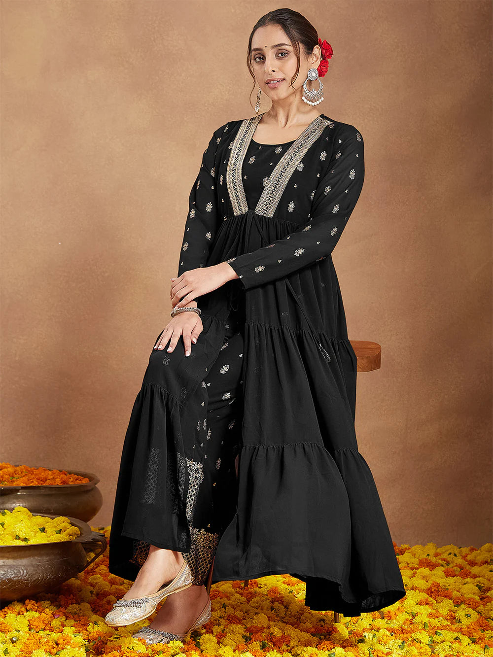 Stylish Black Georgette Women’s Kurta Pant Set Foil Printed Embellished Front Open Tiered Design Perfect for Holiday Celebrations