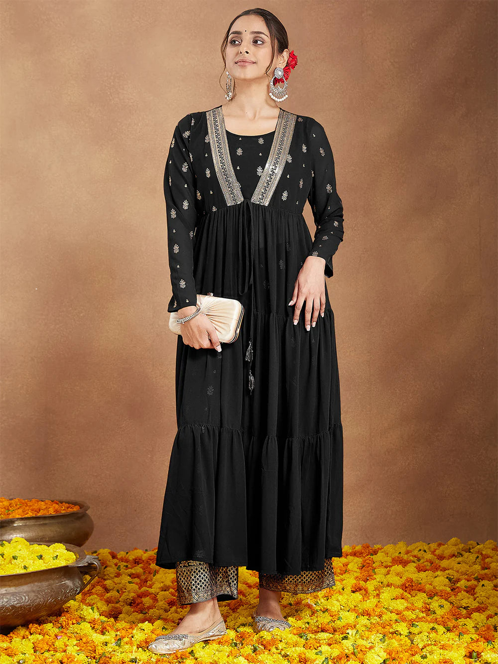 Stylish Black Georgette Women’s Kurta Pant Set Foil Printed Embellished Front Open Tiered Design Perfect for Holiday Celebrations