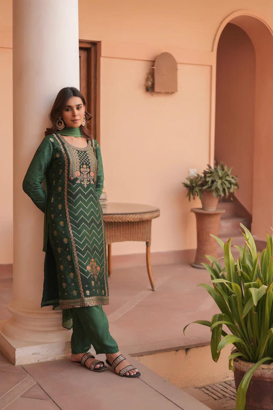 Contemporary Emerald Jacquard Suit with Stylish Dupatta