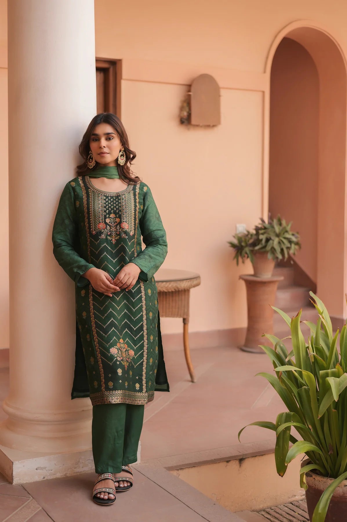 Contemporary Emerald Jacquard Suit with Stylish Dupatta