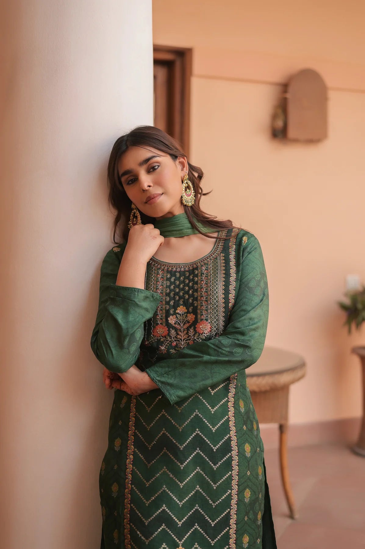 Contemporary Emerald Jacquard Suit with Stylish Dupatta