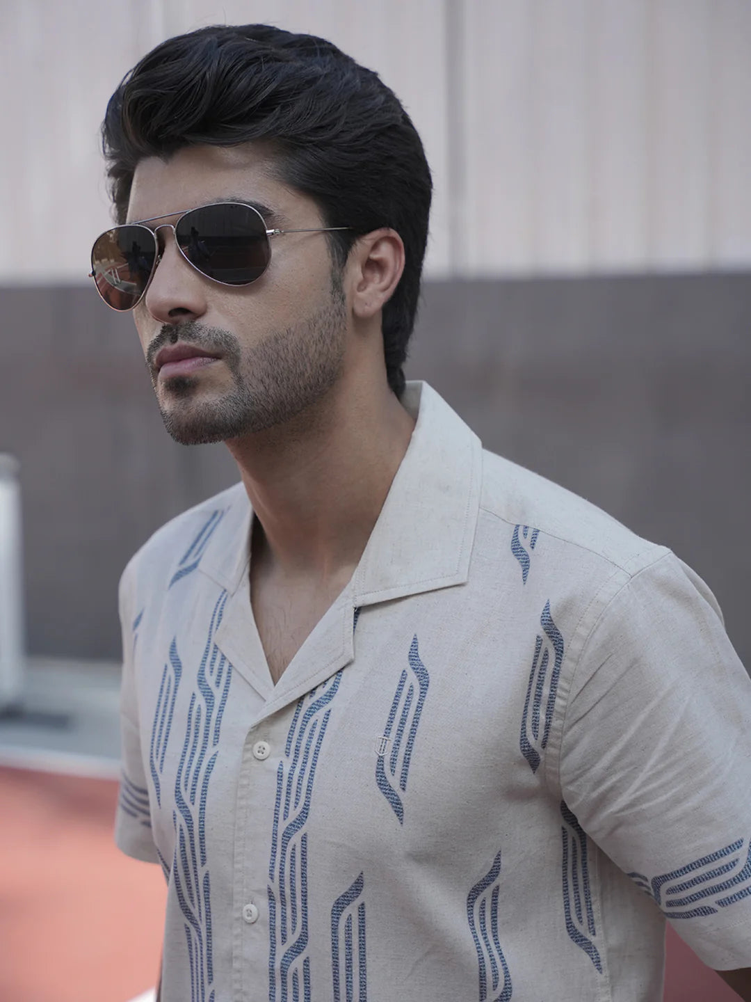 Elegant Beige Casual Shirt for Men with Subtle Panel Print and Classic Collar