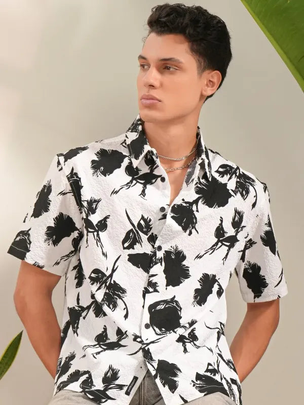 Men’s White Printed Oversized Fit Casual Shirt Lightweight and Comfortable Shirt Perfect for Daily Wear