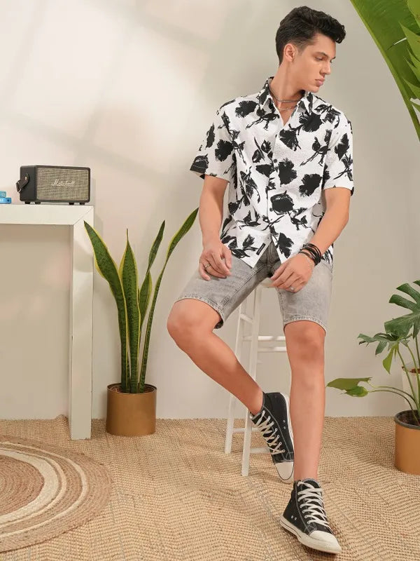 Men’s White Printed Oversized Fit Casual Shirt Lightweight and Comfortable Shirt Perfect for Daily Wear