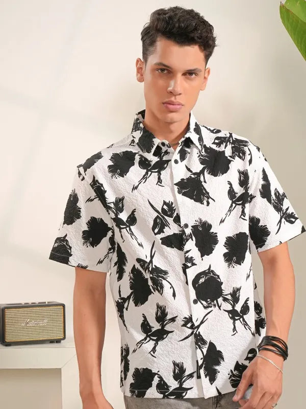 Men’s White Printed Oversized Fit Casual Shirt Lightweight and Comfortable Shirt Perfect for Daily Wear