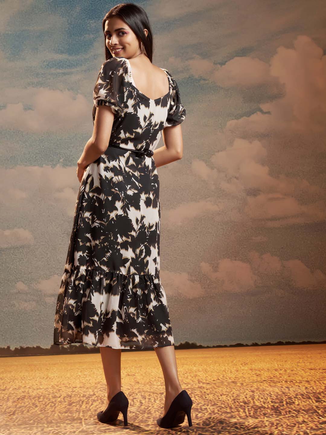 Modern Black Floral Georgette A-Line Midi Dress with Comfortable Silhouette