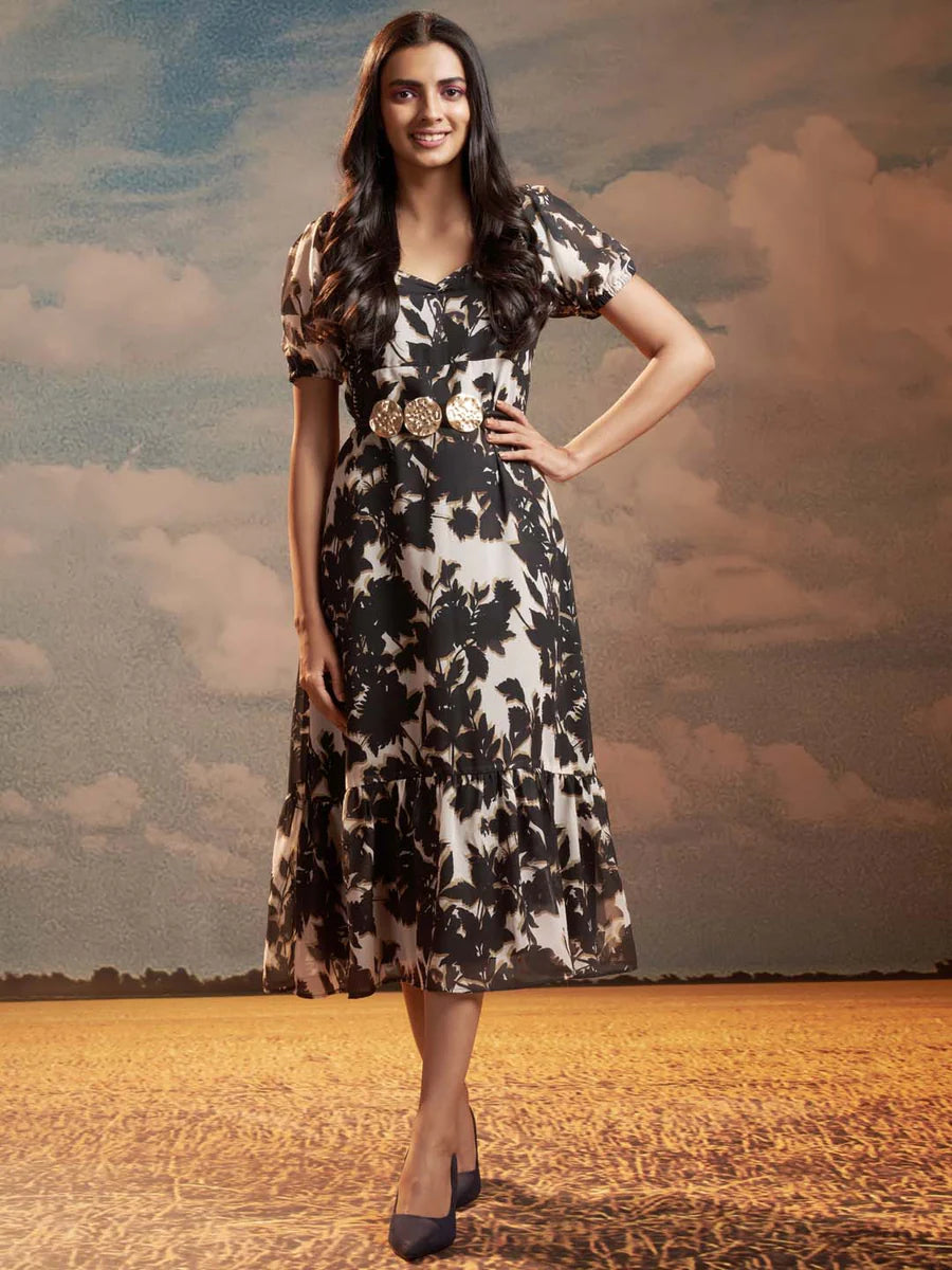 Modern Black Floral Georgette A-Line Midi Dress with Comfortable Silhouette