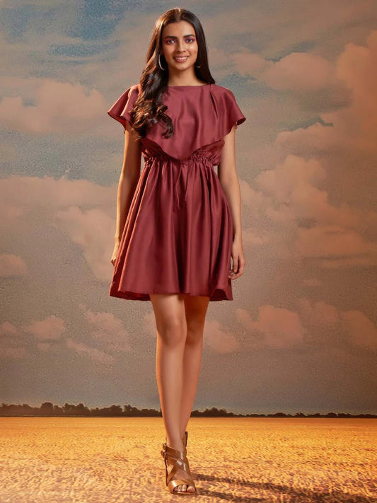 Graceful Maroon Solid Dress with Flared Silhouette and Mini Length