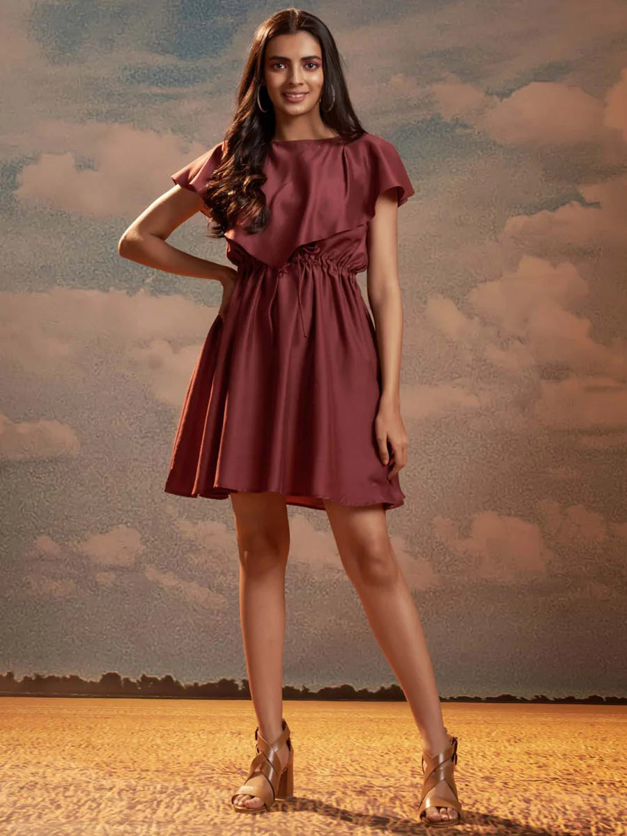 Graceful Maroon Solid Dress with Flared Silhouette and Mini Length