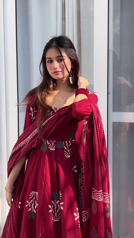 Premium Maroon Handblock Anarkali Dress with Full Flared Skirt and Detailed Traditional Print Work for Weddings and Festivals