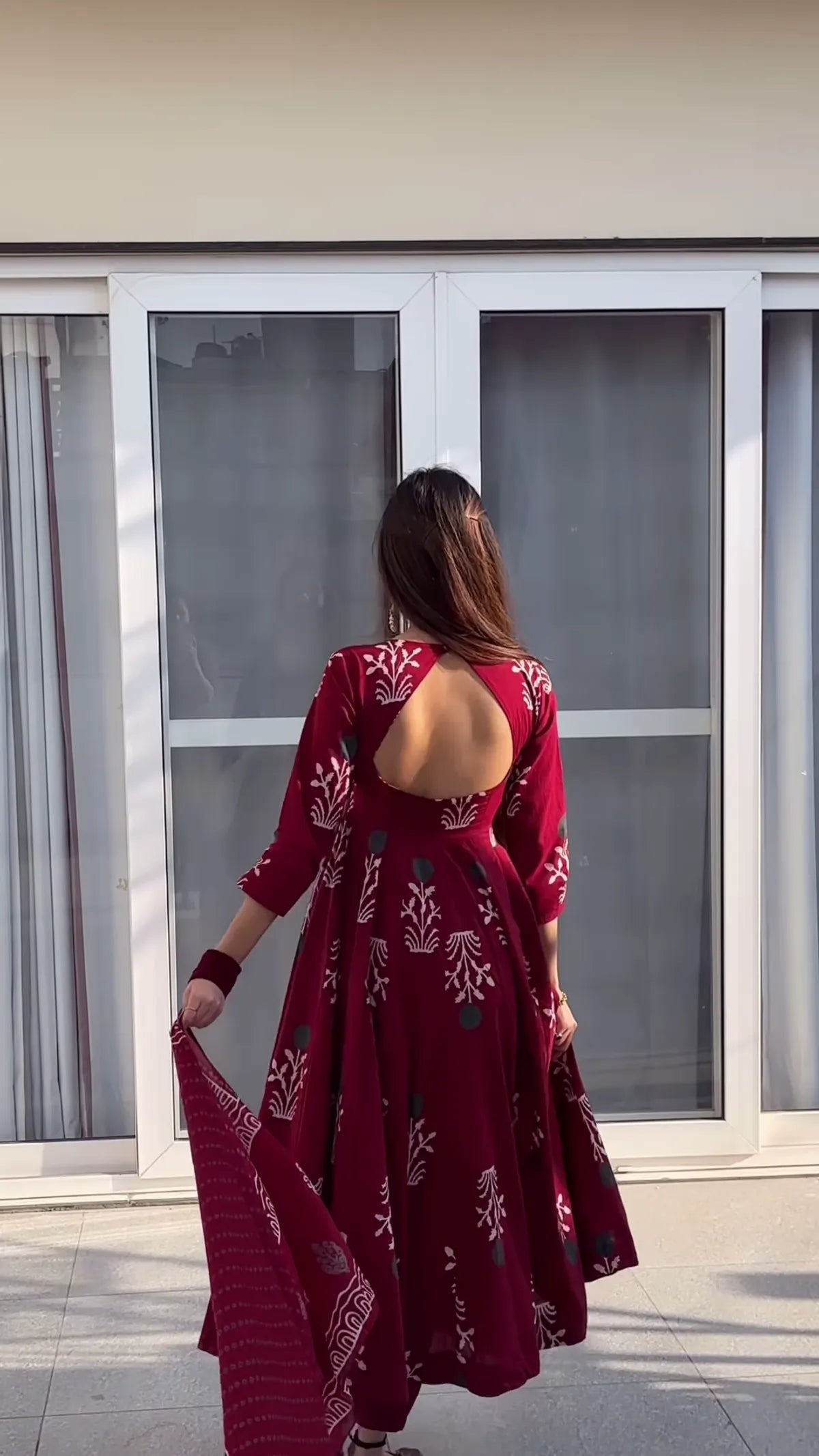 Premium Maroon Handblock Anarkali Dress with Full Flared Skirt and Detailed Traditional Print Work for Weddings and Festivals